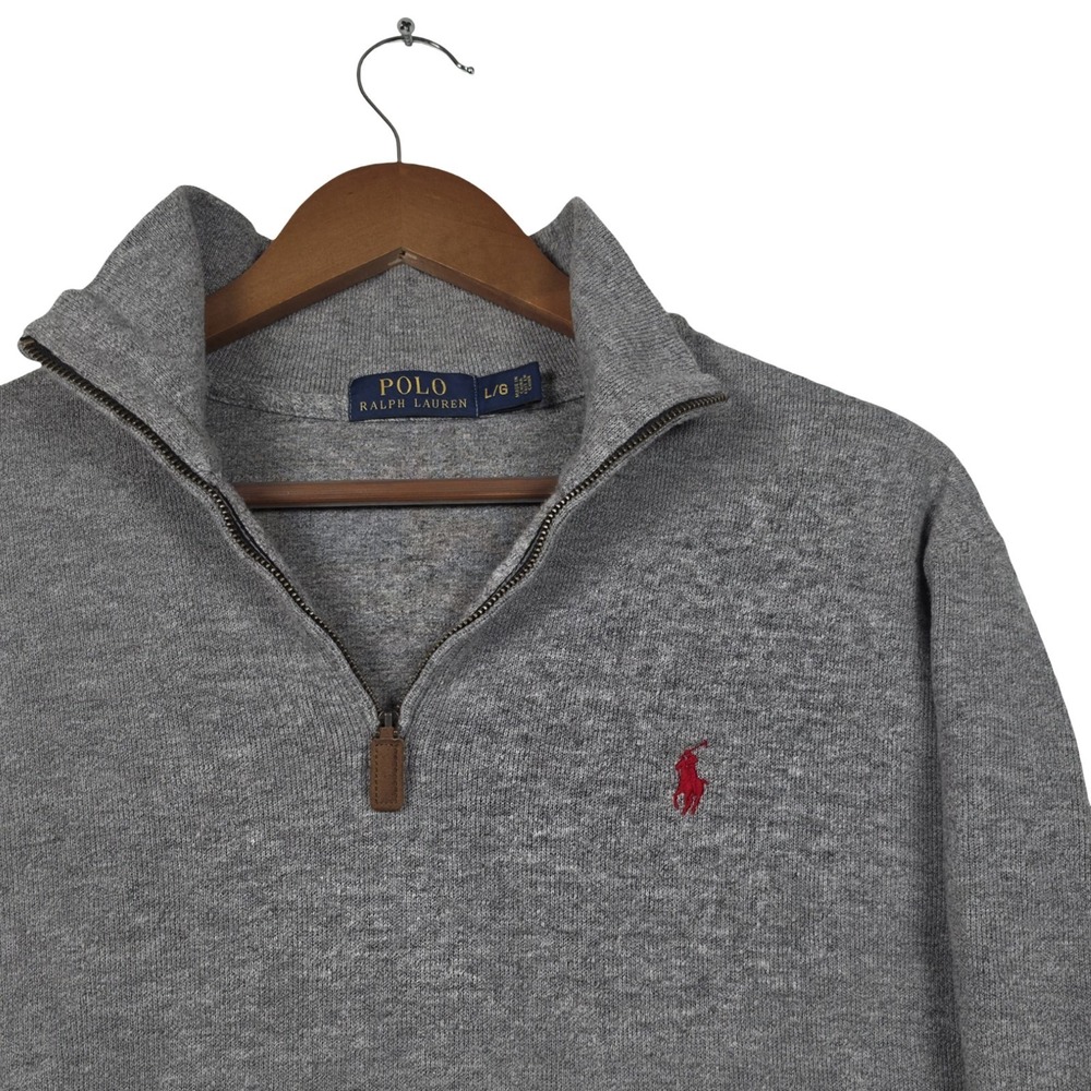 Polo Ralph Lauren Quarter Zip Sweater Mens L Grey‎ Red Pony Cotton Knit Pullover